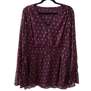 Lane Bryant Metallic Peplum Long Sleeve Chiffon Blouse Top, Burgundy & Gold, 16